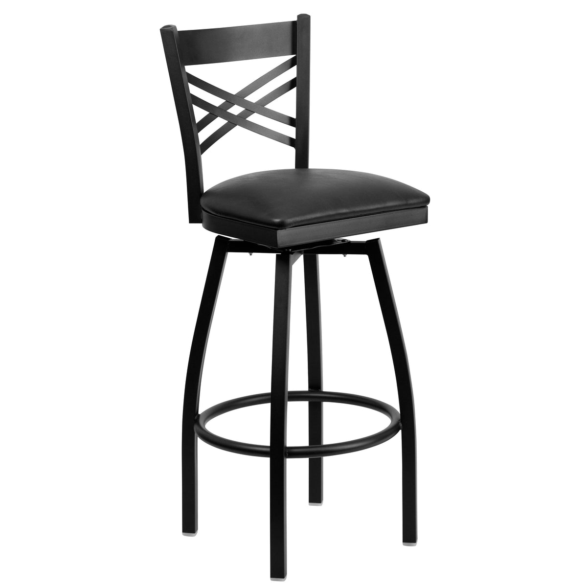 Black Vinyl Seat/Black Metal Frame |#| Black "X" Back Swivel Metal Barstool - Black Vinyl Seat