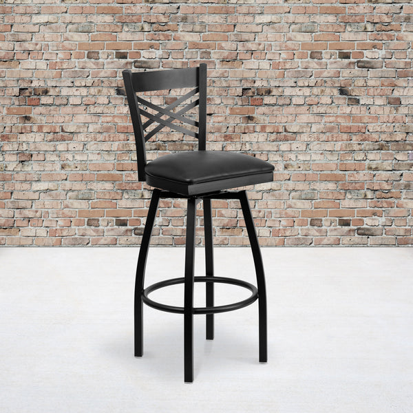 Black Vinyl Seat/Black Metal Frame |#| Black "X" Back Swivel Metal Barstool - Black Vinyl Seat