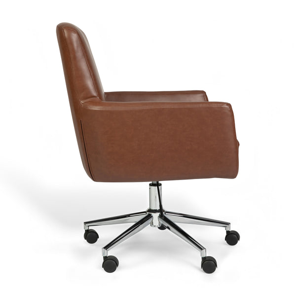 Saddle Brown Faux Leather/Polished Nickel Frame |#| Faux Leather Swivel Home Office Chair with Padded Arms - Saddle Brn/Polished Nkl