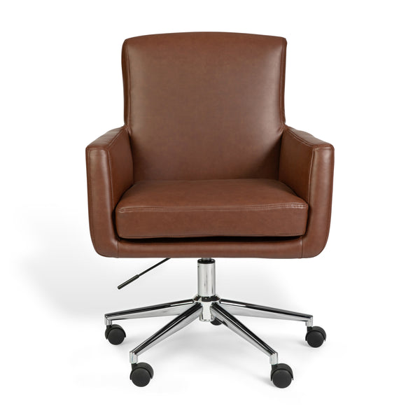Saddle Brown Faux Leather/Polished Nickel Frame |#| Faux Leather Swivel Home Office Chair with Padded Arms - Saddle Brn/Polished Nkl