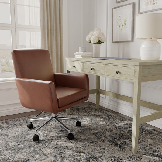 Saddle Brown Faux Leather/Polished Nickel Frame |#| Faux Leather Swivel Home Office Chair with Padded Arms - Saddle Brn/Polished Nkl