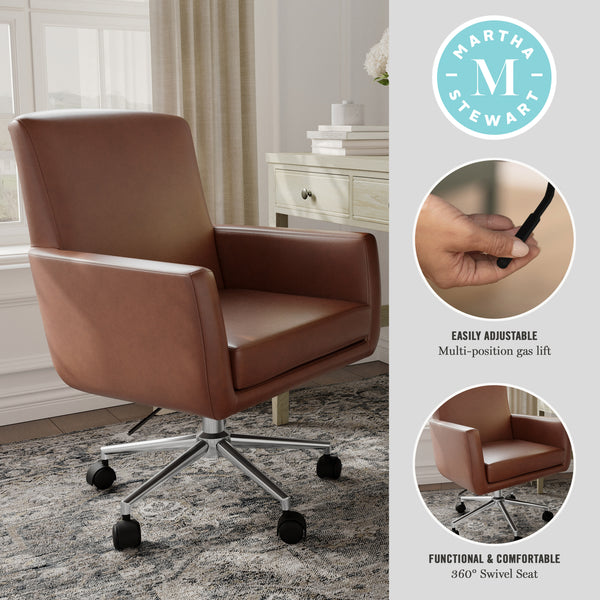 Saddle Brown Faux Leather/Polished Nickel Frame |#| Faux Leather Swivel Home Office Chair with Padded Arms - Saddle Brn/Polished Nkl