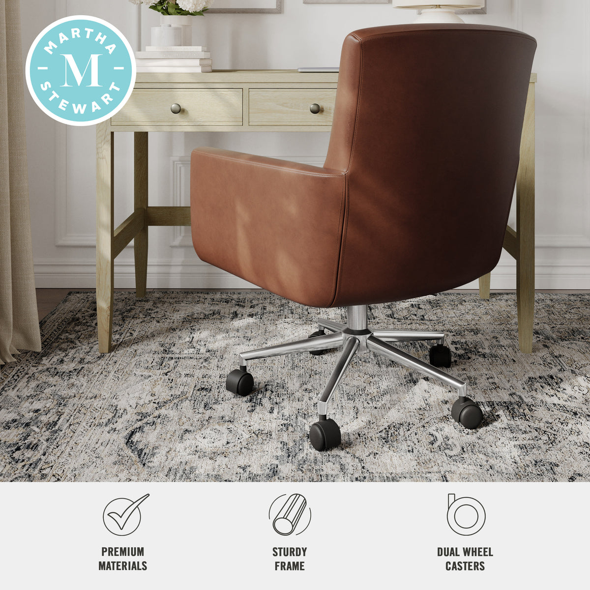 Saddle Brown Faux Leather/Polished Nickel Frame |#| Faux Leather Swivel Home Office Chair with Padded Arms - Saddle Brn/Polished Nkl