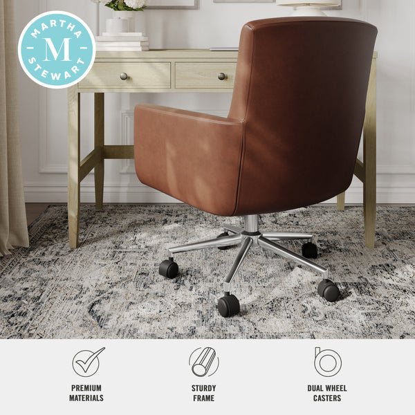 Saddle Brown Faux Leather/Polished Nickel Frame |#| Faux Leather Swivel Home Office Chair with Padded Arms - Saddle Brn/Polished Nkl