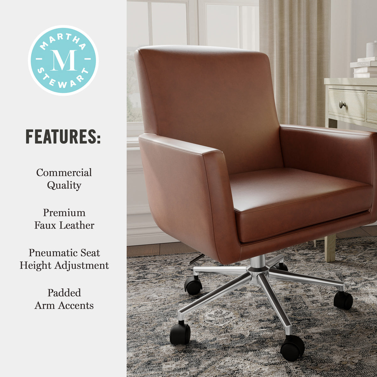 Saddle Brown Faux Leather/Polished Nickel Frame |#| Faux Leather Swivel Home Office Chair with Padded Arms - Saddle Brn/Polished Nkl