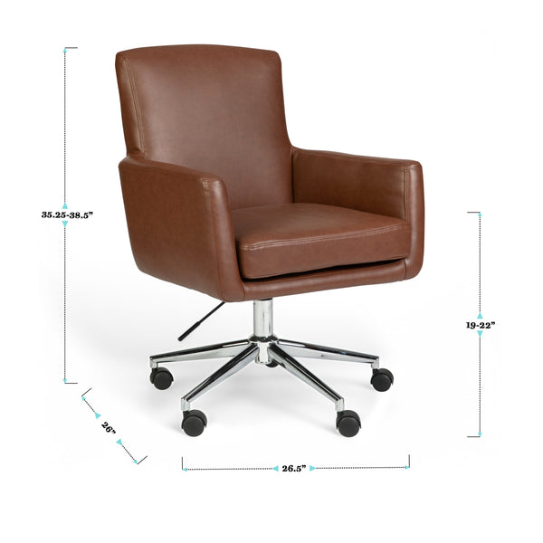 Saddle Brown Faux Leather/Polished Nickel Frame |#| Faux Leather Swivel Home Office Chair with Padded Arms - Saddle Brn/Polished Nkl