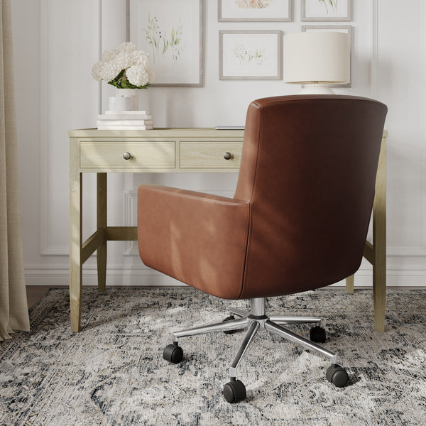 Saddle Brown Faux Leather/Polished Nickel Frame |#| Faux Leather Swivel Home Office Chair with Padded Arms - Saddle Brn/Polished Nkl