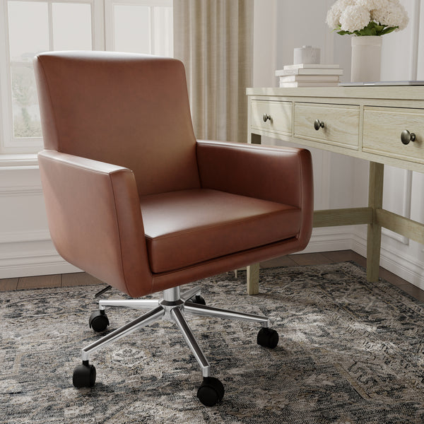Saddle Brown Faux Leather/Polished Nickel Frame |#| Faux Leather Swivel Home Office Chair with Padded Arms - Saddle Brn/Polished Nkl