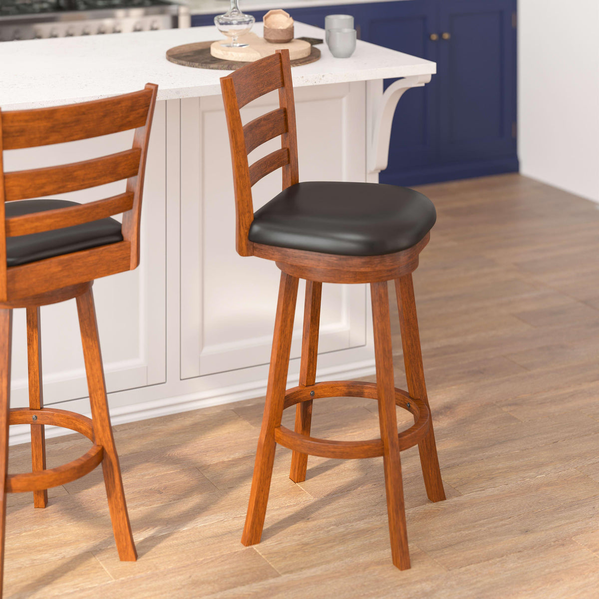 Black Vinyl/Antique Oak Frame |#| Commercial Wooden Swivel Bar Stools - Antique Oak/Black LeatherSoft