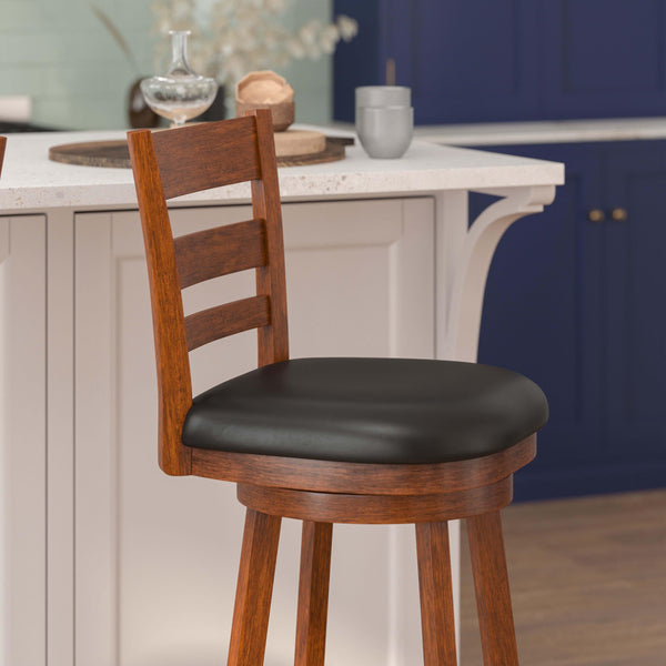 Black Vinyl/Antique Oak Frame |#| Commercial Wooden Swivel Bar Stools - Antique Oak/Black LeatherSoft