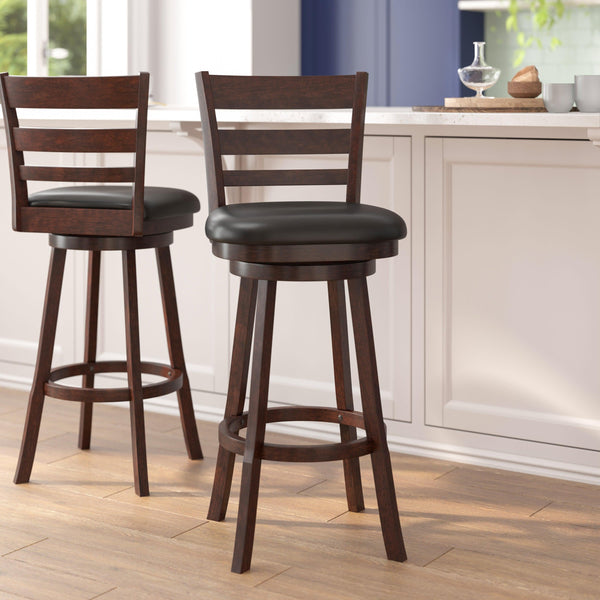 Black Vinyl/Espresso Frame |#| Commercial Wooden Swivel Bar Stools - Espresso/Black LeatherSoft