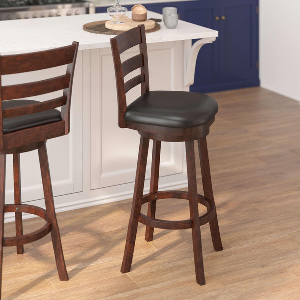 Black Vinyl/Espresso Frame |#| Commercial Wooden Swivel Bar Stools - Espresso/Black LeatherSoft