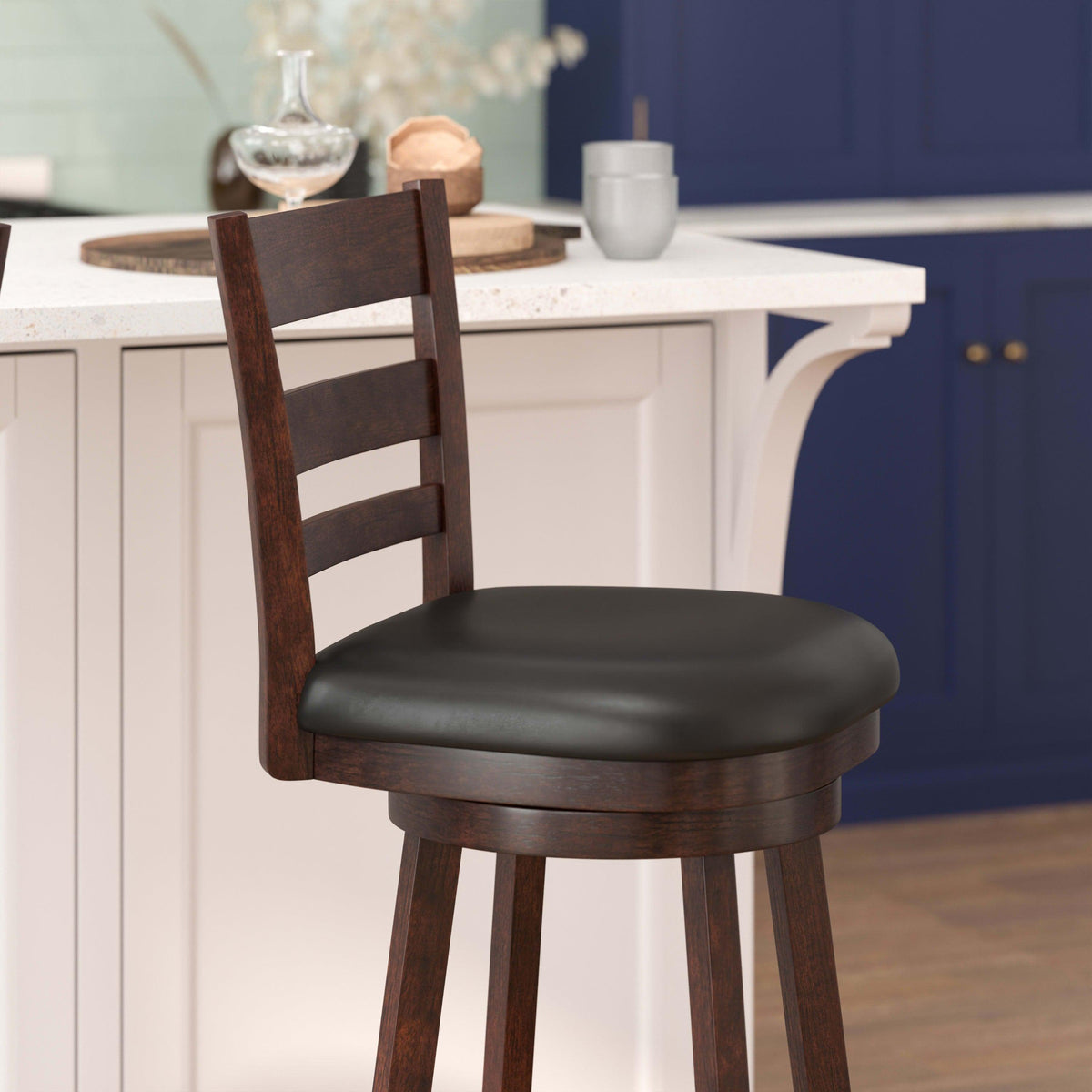 Black Vinyl/Espresso Frame |#| Commercial Wooden Swivel Bar Stools - Espresso/Black LeatherSoft