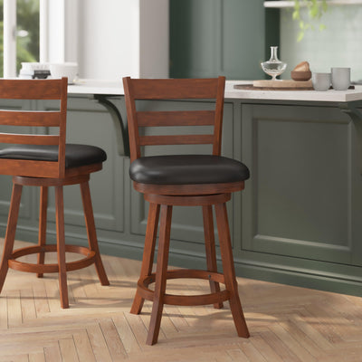 Zerrick Commercial Grade Wood Classic Ladderback Swivel Counter Height Barstool with Padded, Upholstered Seat - View 2