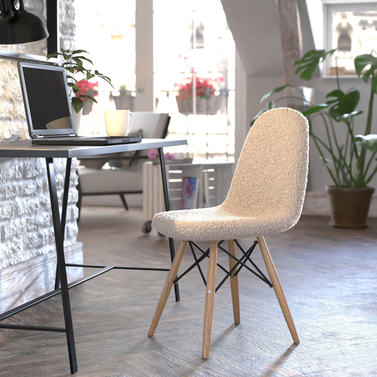Off-White |#| Armless Off-White Faux Shearling Accent Chair with Modern Wood Legs