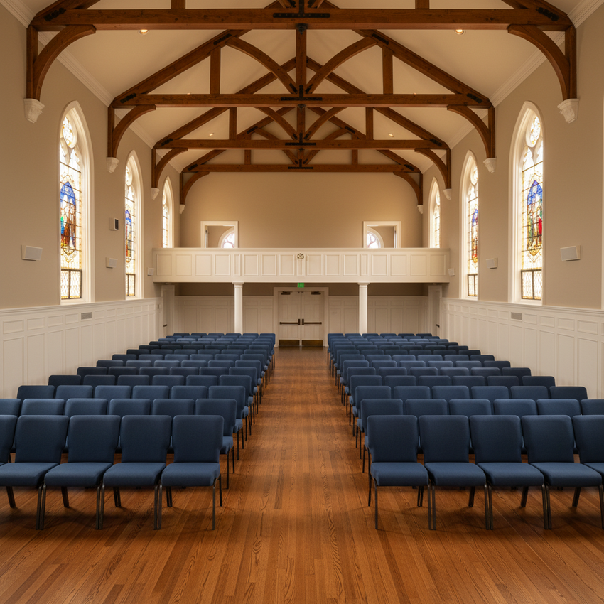 Large hall with blue chairs, wooden floor, and high ceiling with beams