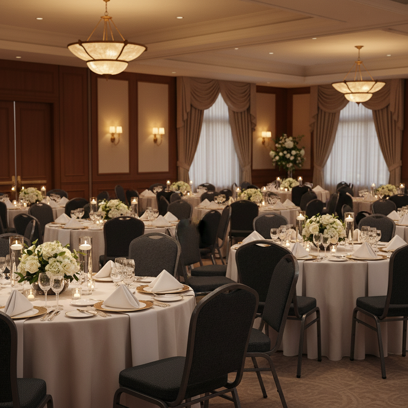 Advantage Premium Crown Back Banquet Chair — Charcoal/Black, Black-Tie Gala Setting