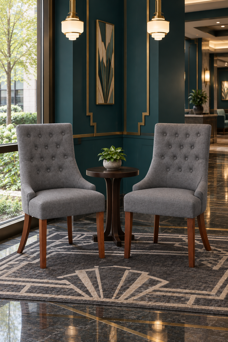 Bizchair-art-deco-hotel-nook-with-two-gray-tufted-chairs-and-overhead-lighting
