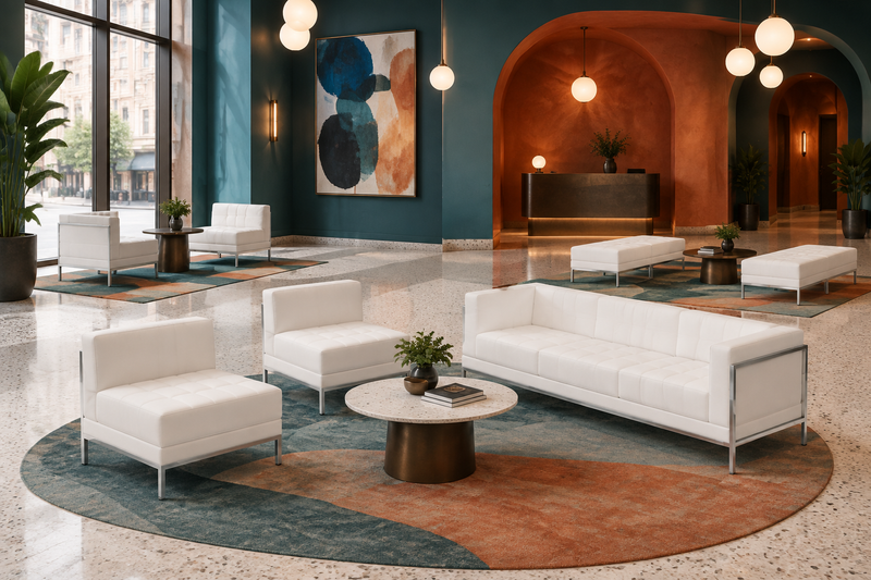 Bizchair-art-forward-boutique-hotel-lobby-with-white-modular-furniture-teal-walls-and-terracotta-accents