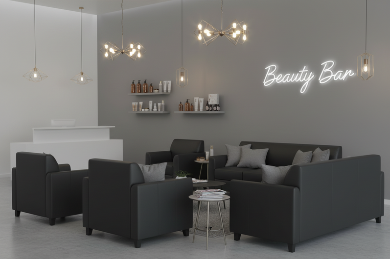 Bizchair-beauty-bar-waiting-room-with-muted-grey-tones-and-trendy-lighting