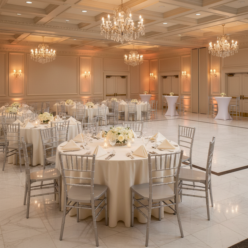 Champagne Chiavari Chairs + Birch Round Tables - Hotel Ballroom Wedding 1:1