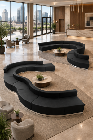 City resort hotel lobby with curved group seating and urban views