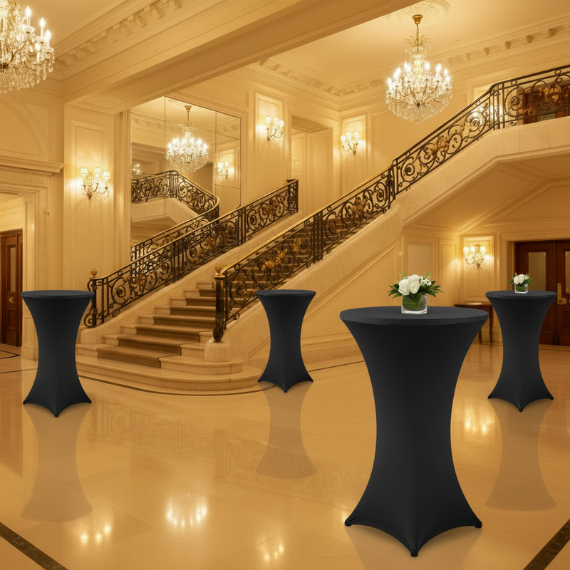 Cocktail Tables - Black Linen Covers, Grand Hotel Staircase 1:1
