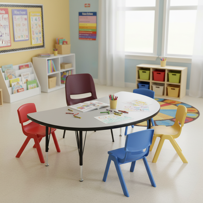 Colorful chairs around a round table in a classroom setting