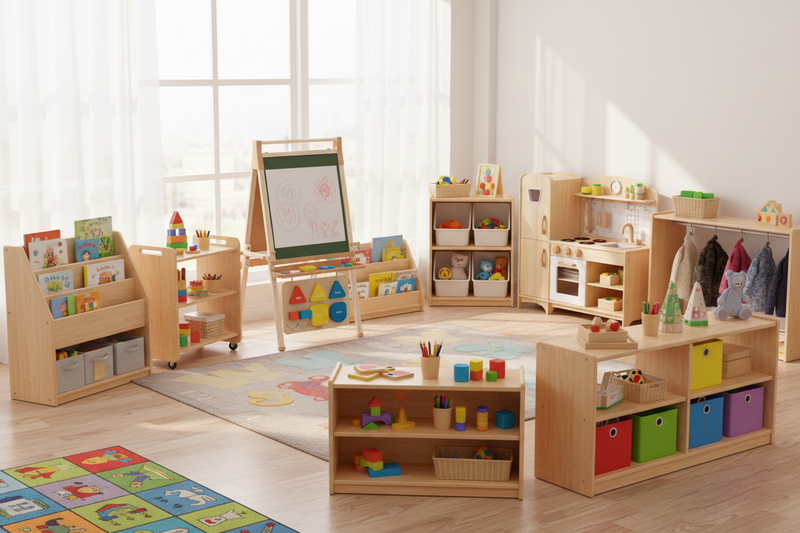 Children's playroom with wooden furniture and toys