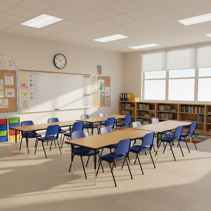 Bizchair-elementary-classroom-6-foot-tables-20-shell-stack-chairs-correct-scale