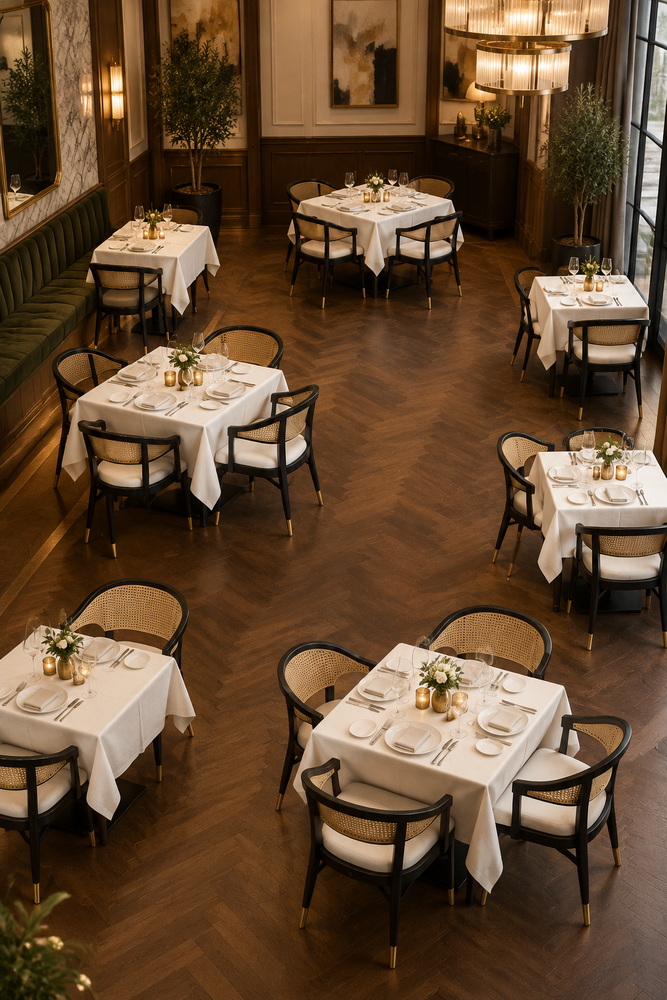 Bizchair-elevated-view-of-a-high-end-restaurant-dining-room-with-linen-covered-tables