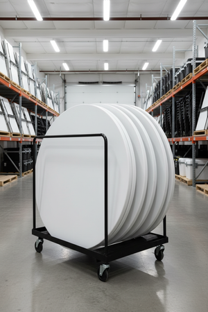 Folding Table Dolly + 5-Foot Round Plastic Folding Tables — Storage Facility Portrait