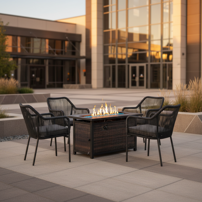 Outdoor patio set with fire pit table in front of a building