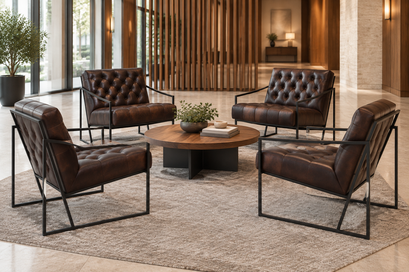 Bizchair-four-reference-matched-brown-tufted-chairs-arranged-around-a-round-table-in-a-hotel-lobby