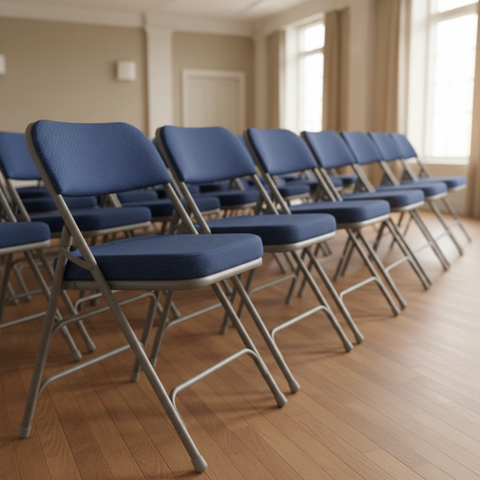 Row of blue folding chairs on a wooden floor in a room with large windows.