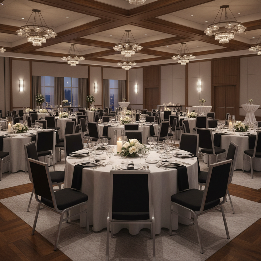 HERCULES Series Square Back Banquet Chair — Black Upholstery, Evening Gala Setting