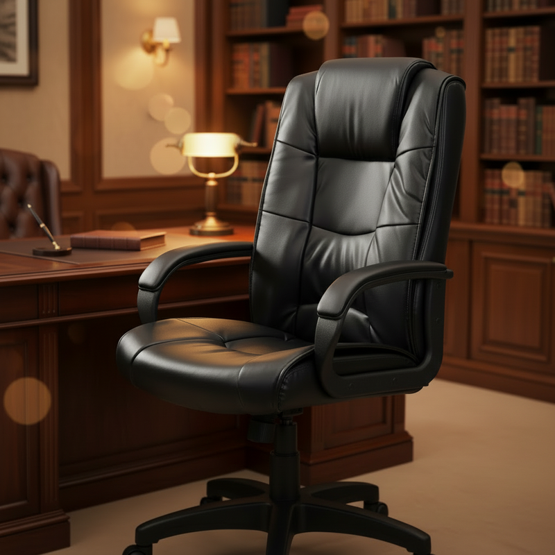 Black leather office chair in a room with wooden desk and bookshelves.