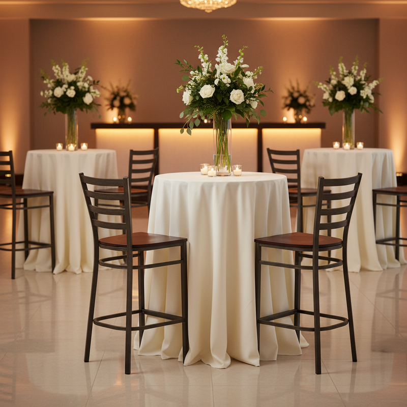 High-End Wedding Cocktail Hour - Ladder-Back Barstools & Draped Cocktail Tables