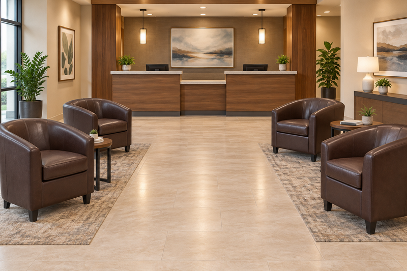 Bizchair-horizontal-hotel-reception-scene-with-brown-waiting-chairs-and-a-clear-path-to-check-in