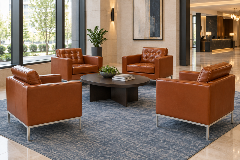 Bizchair-hotel-lounge-with-four-cognac-upholstered-chairs-arranged-around-a-low-coffee-table