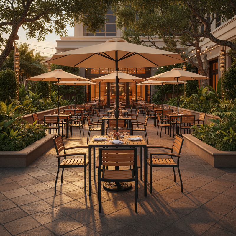 Lark 7 Piece Outdoor Patio Table Set — Hotel Restaurant Patio Golden Hour 1:1