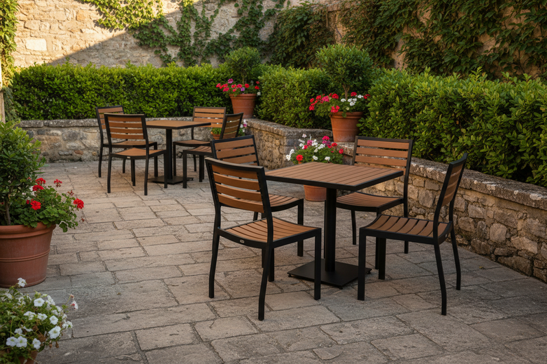 Outdoor patio setting with wooden chairs and tables, potted plants, and stone walls.