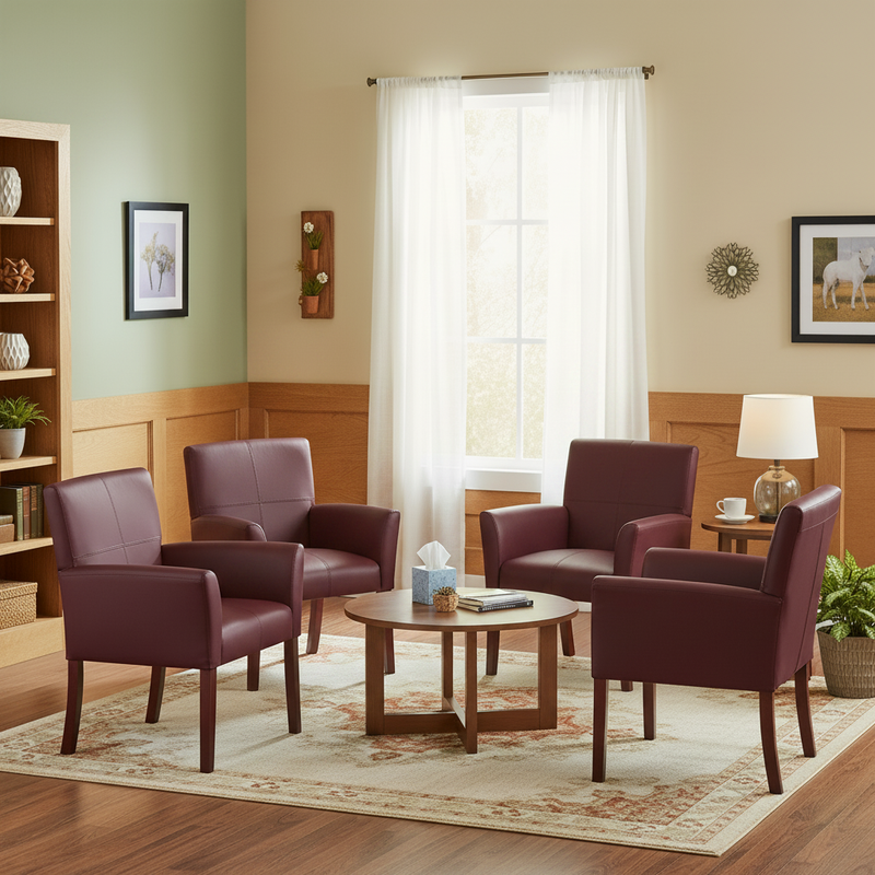 A set of four burgundy upholstered armchairs arranged around a round wooden coffee table on a patterned area rug in a staged living room setting.