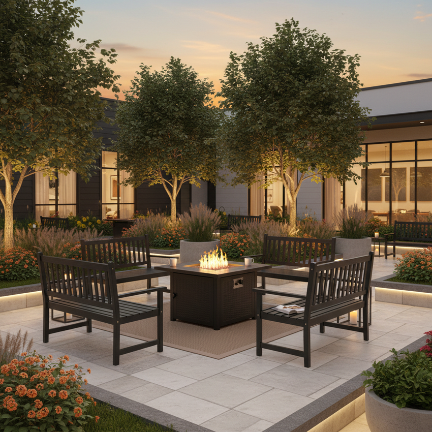 Luxury Apartment Courtyard – Golden Hour Community Gathering Space