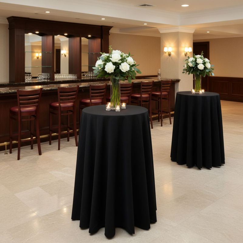 Mahogany Barstools + Black Linen Covered Bar Tables - Hotel Bar Wedding Venue 1:1