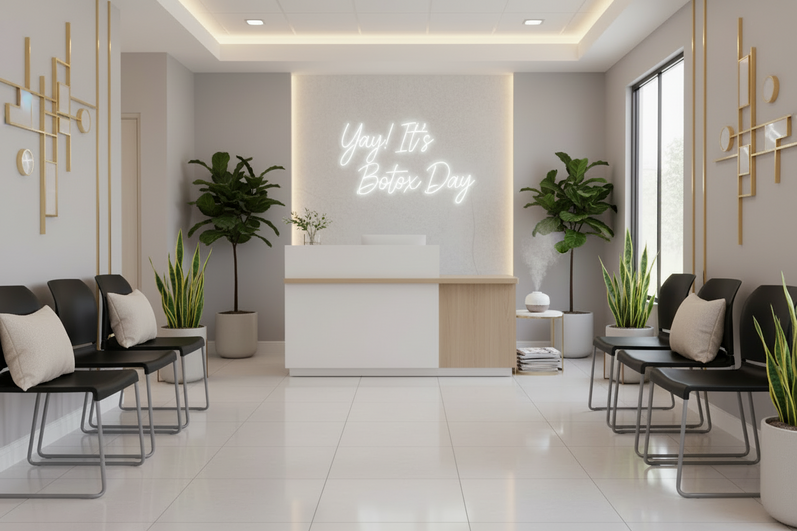 Bizchair-med-spa-waiting-room-with-hercules-chairs-and-mid-century-modern-brass-trimmings