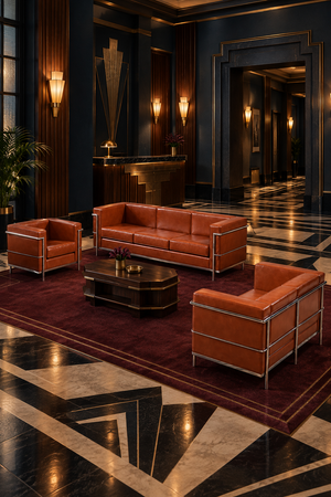 Moody Art Deco boutique hotel lobby with cognac seating