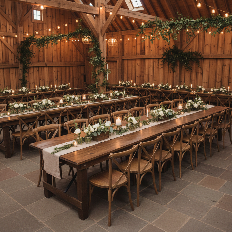 Natural Wood X-Back Chairs + Dark Walnut Farm Tables - Upscale Rustic Barn Reception 1:1