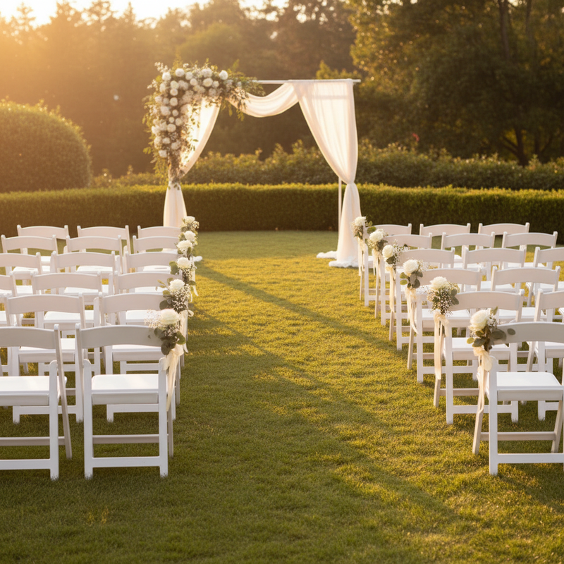 Outdoor Wedding Ceremony - White Resin Folding Chairs at Golden Hour