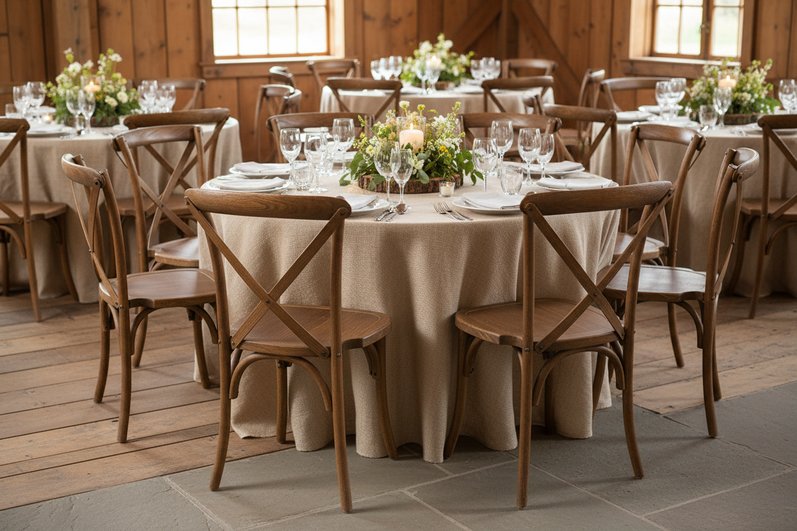 Pecan Cross-Back Chairs - Rustic Wedding Reception 3:2